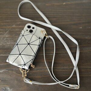 iPhone 15 Wallet Case with Strap | Crossbody Phone Case | Silver Zipper Card
